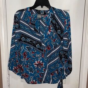 New York & Company Blue and Black Floral Blouse